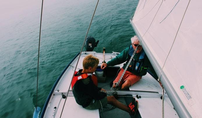 Two people sailing on a boat